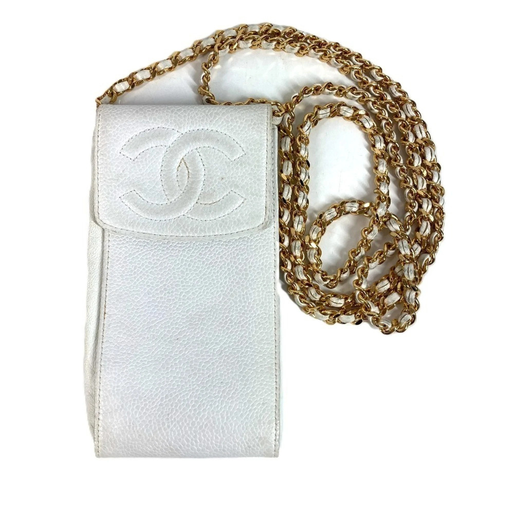 CHANEL Authentic Vintage White Caviar Leather Logo Wallet